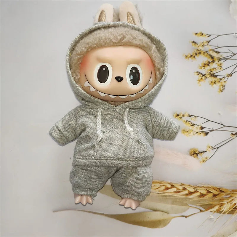 17cm Doll's Clothes For Labubu The Monster Outfit Accessories Clothing DIY Kids Gift Girls Hooded Sweatshirt Pants Shoes White