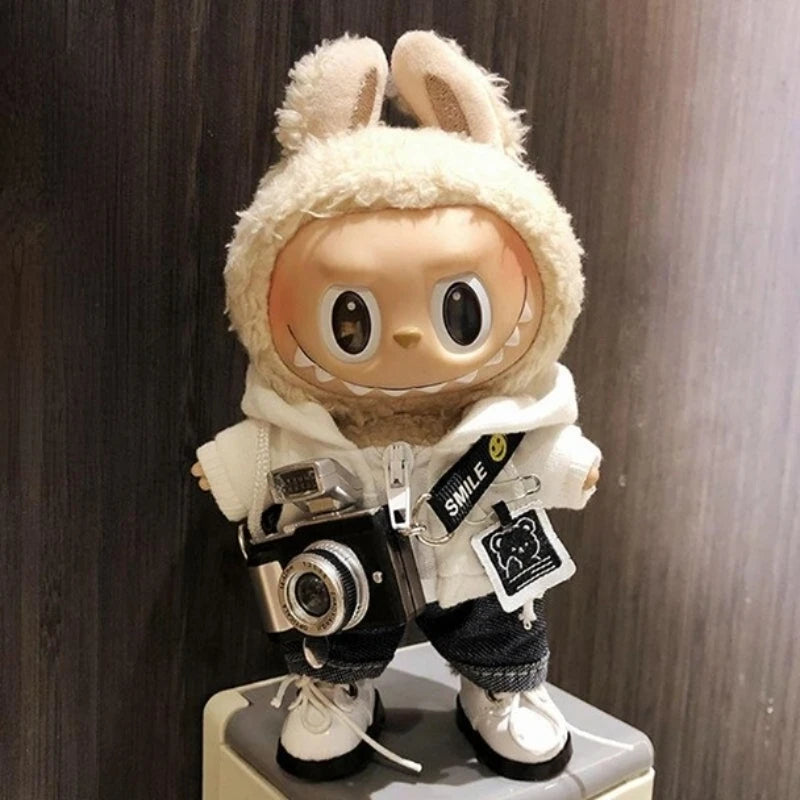 17cm Fashion Mini Labubu Clothes Camera Plush Hoodie Idol Dolls Jumpsuit Clothing Fans Overalls Accessories for Korea Kpop Exo